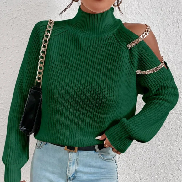 Sweaters - Green Casual Women's Mock Neck long Sleeve Chain Cut Out Sweater